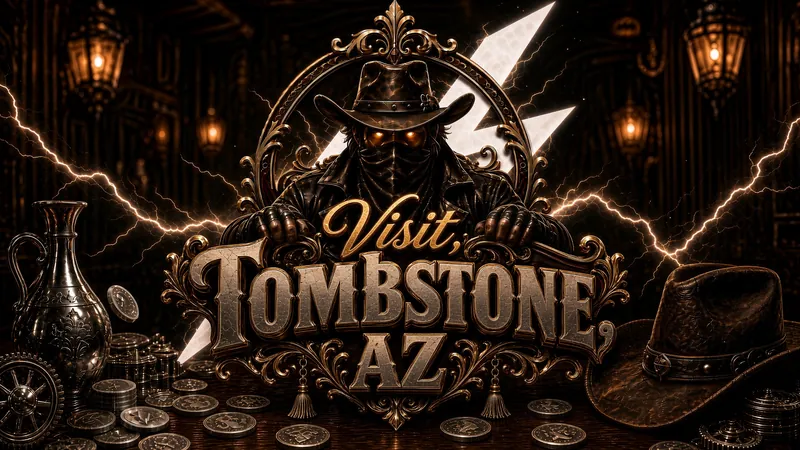 Visit Tombstone AZ: a masked outlaw in a cowboy hat leans over an ornate gold Victorian frame, with lightning, saloon lanterns, silver coins and a cowboy hat